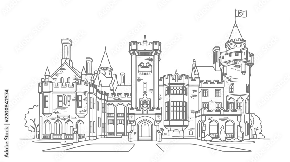 Obraz premium Ornate Castle Facade Outline Drawing Isolated on White Background