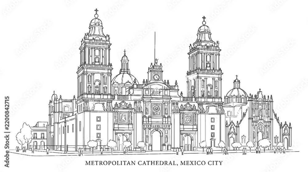 Fototapeta premium Metropolitan Cathedral Mexico City Line Drawing Illustration Isolated