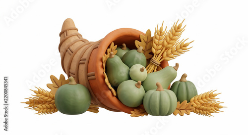 Wicker cornucopia filled with green pumpkins and wheat stalks.