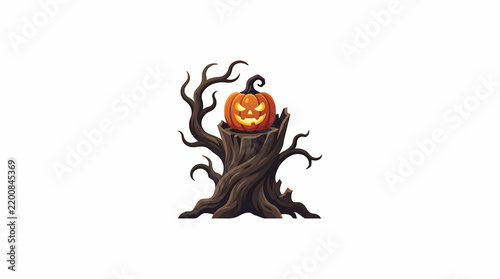 Spooky carved jack o lantern pumpkin sitting on a twisted dead tree stump.