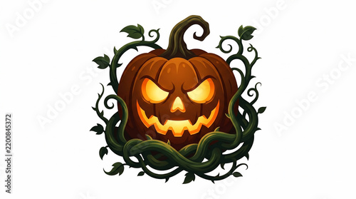 Spooky glowing jack o lantern carved pumpkin with tangled vines.