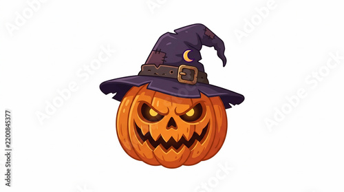 Spooky Halloween Jack O Lantern Pumpkin Wearing A Witch Hat.