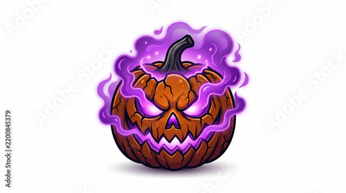 Spooky Halloween Pumpkin Jack O Lantern with Glowing Purple Magic Fire.