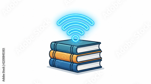 Stack of books with glowing blue wireless internet signal icon above.