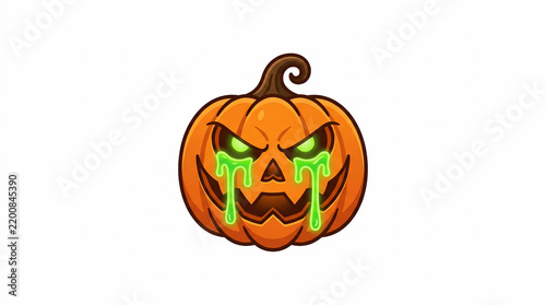 Spooky halloween pumpkin jack o lantern with glowing green slime eyes.