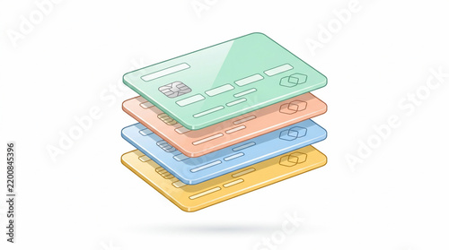 Stack of Colorful Isometric Credit Cards Representing Banking and Payment Systems.