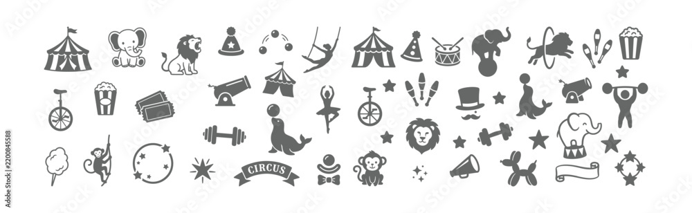 Fototapeta premium A collection of monochrome circus themed icons including animals performers and carnival objects