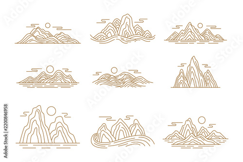Traditional Chinese Mountain Landscape Line Art Icons Set with Sun and Clouds