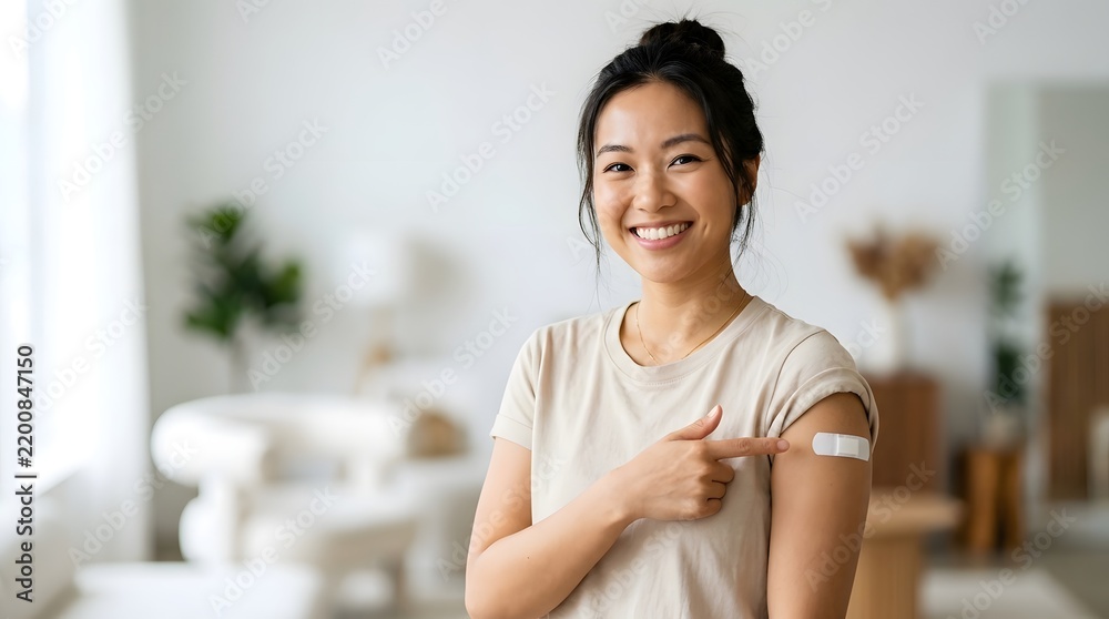Obraz premium Smiling Young Asian Woman Pointing at Adhesive Bandage on Her Arm After Vaccination, Immunization, or Injection Procedure in a Bright Living Room, Promoting Health Care and Disease Prevention.