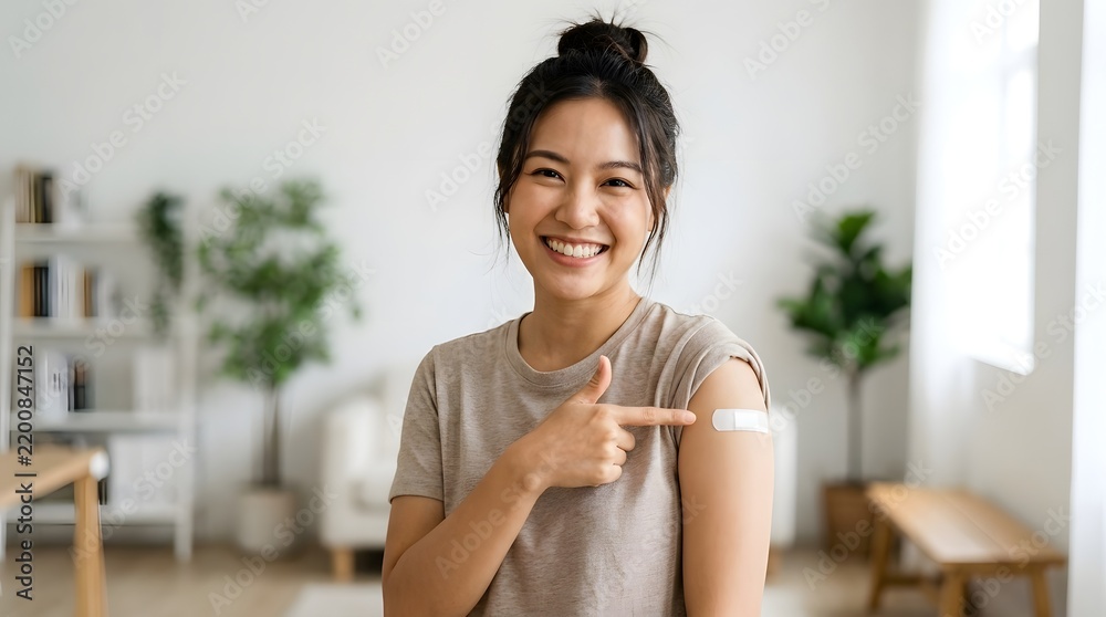 Obraz premium Happy young Asian woman smiling and pointing at her arm with a medical bandage after getting a vaccination or injection at home, promoting health immunity and disease prevention.