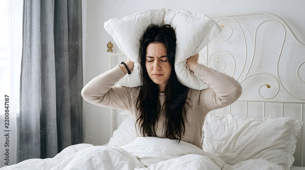 Fototapeta premium Stressed Young Woman Covering Ears with Pillow to Block Loud Noise in Bright Bedroom, Concept of Insomnia, Migraine, Sleep Disorder, and Morning Annoyance in Domestic Setting