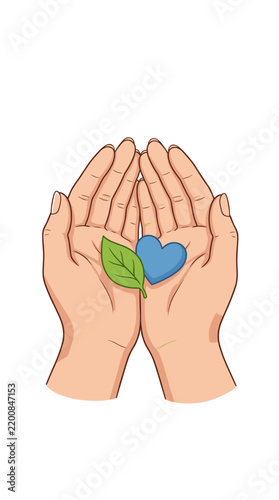 Open hands gently holding a green leaf and a blue heart symbolizing care for nature and love for the environment