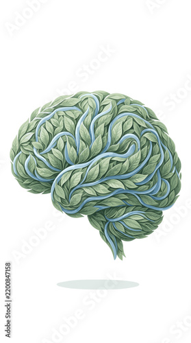 Conceptual Brain Made of Green Leaves and Blue Veins Symbolizing Nature and Thought
