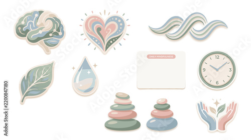 Mindfulness and Wellness Icons Set Brain Heart Leaf Water Drop Zen Stones Clock Hands Growing Plant