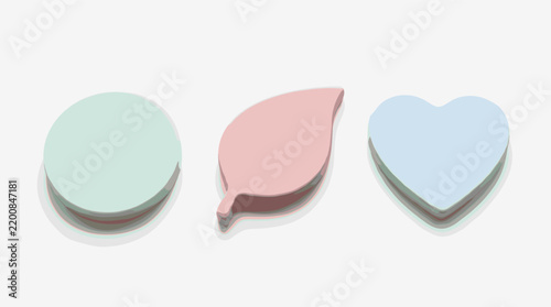 Three pastel colored abstract shapes a circle a leaf and a heart with subtle shadows on a light gray background