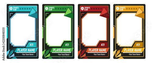 Sports Trading Card Template Set, Four Editable Player Card Frames with Photo Window Name Banner and Team Badge for Esports and Football Design