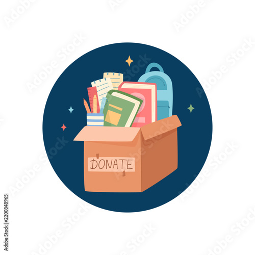 Round school help gift box icon. Cartoon charity container with box lid patch for donate and support. Backpack and book with children supply for child kids, education aid community care