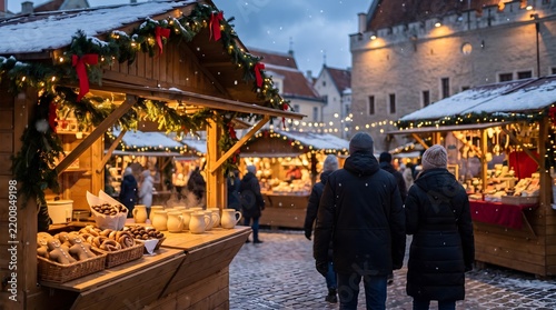 Traditional European Christmas Market at Winter Evening