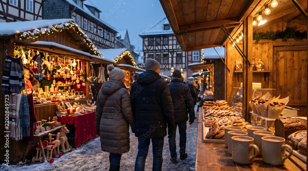 Obraz premium Cozy Christmas Market with Festive Wooden Stalls