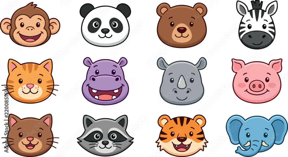 Obraz premium Cute Cartoon Animal Avatar Icon Set Featuring Friendly Zoo, Safari, and Domestic Animals for Kid Designs, Stickers, Avatars, and Children Education Projects