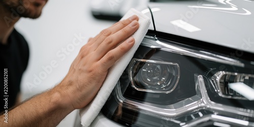 Professional detailing service cleaning and polishing a modern white luxury car headlight with a microfiber cloth in an auto shop