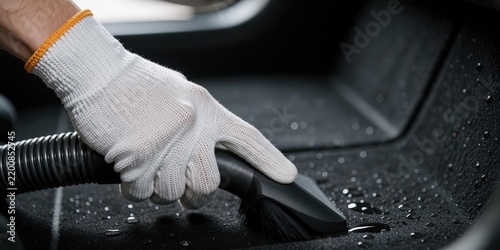 Detailer cleaning car interior carpet with wet vacuum cleaner professional automotive detailing