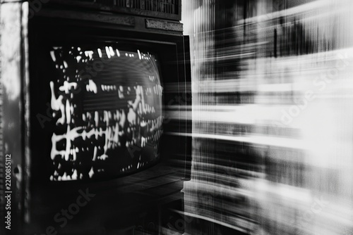 Vintage TV showing static; blur background for technology, digital, media