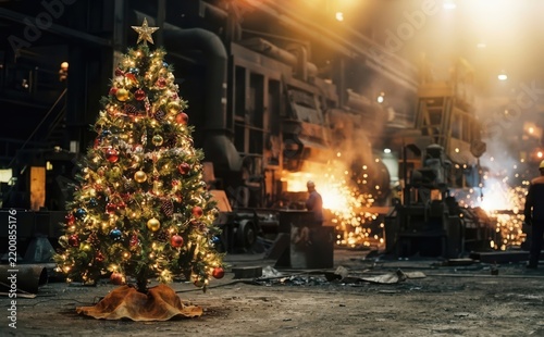 Christmas tree inside a heavy industrial steel factory with glowing lights and sparks symbolizing contrast and unusual holidays