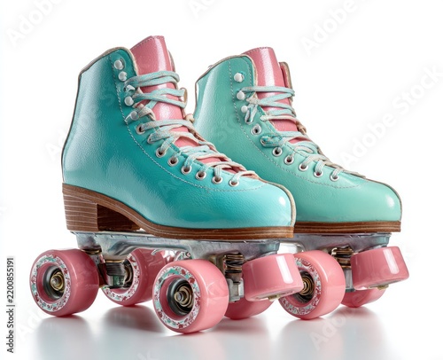 Vintage-style, aqua and pink roller skates with white laces on a seamless white surface
