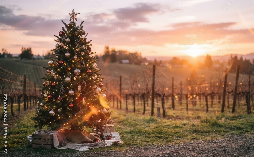 Obraz premium Decorated Christmas tree standing outdoors in a vineyard during a scenic sunset, holiday greeting card concept