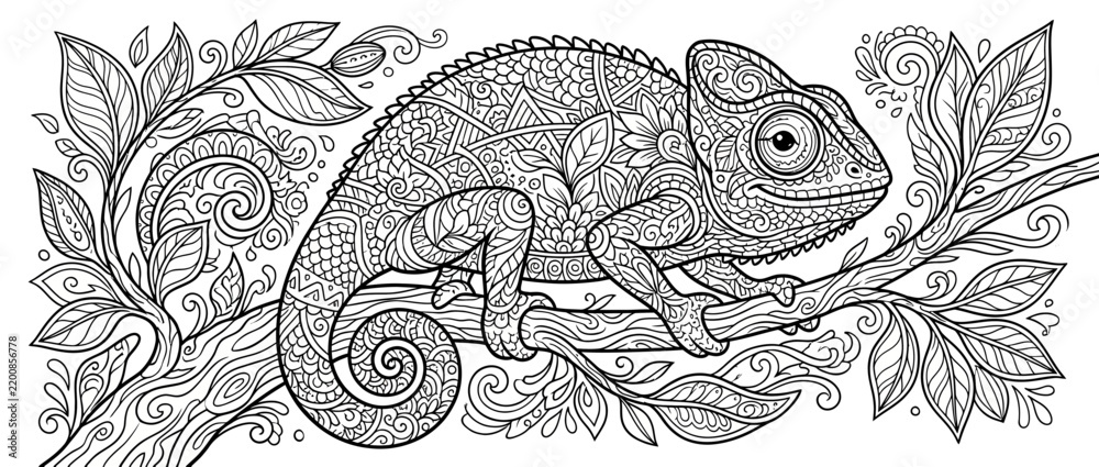 Fototapeta premium Intricate Chameleon Illustration on Tree Branch, Zentangle Style