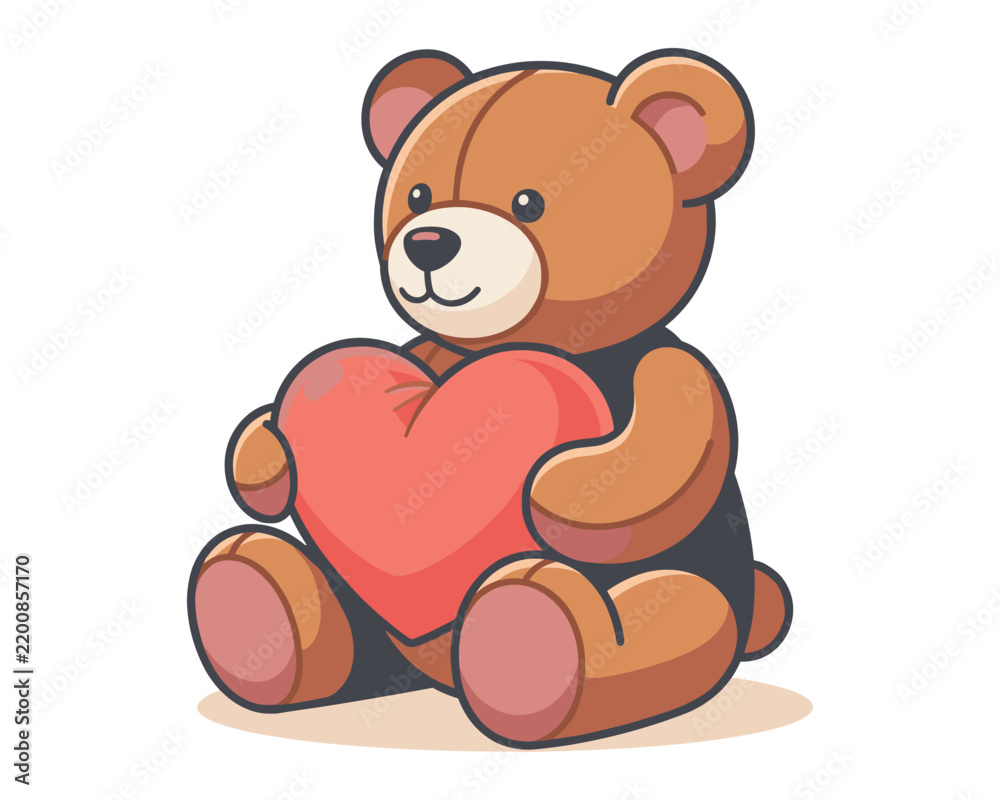 Fototapeta premium Cute Teddy Bear Holding Heart Vector Illustration, Adorable Brown Toy Animal Character for Love, Valentine, Baby, Child, Gift and Childhood Concepts