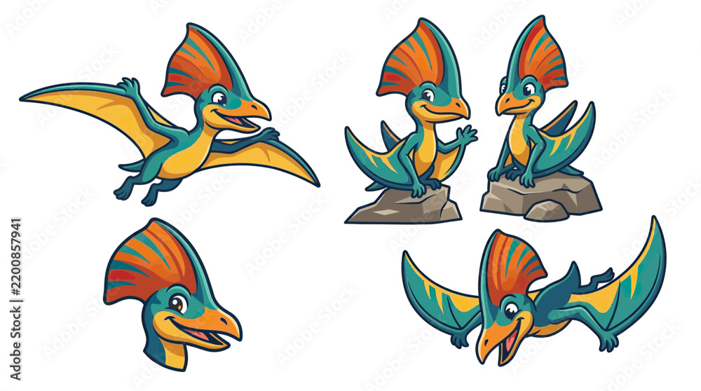Fototapeta premium Cute Cartoon Pterodactyl Set Isolated Transparent Background