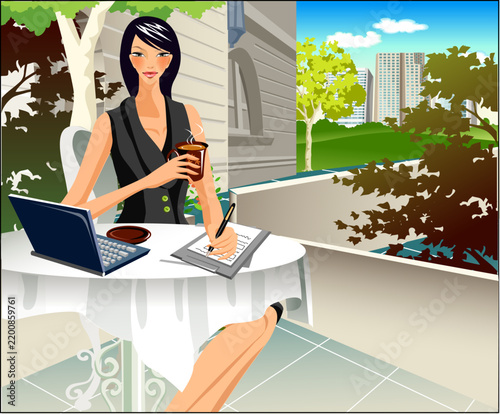 Stylish Professional Business Woman Working Outdoors With Laptop And Coffee