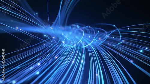 Abstract blue light trails flowing through dark space