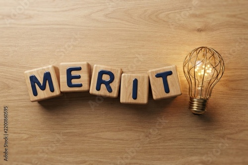 Naklejka 木製デスクの上の「MERIT」ブロックとゴールドのワイヤーランプによるひらめきの表現