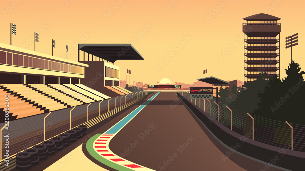 Obraz premium Vector illustration of a racing track circuit at sunset