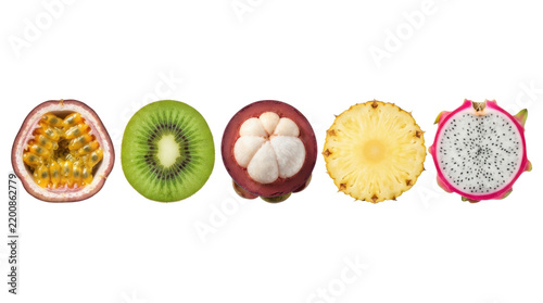Row of sliced tropical fruits isolated on white background