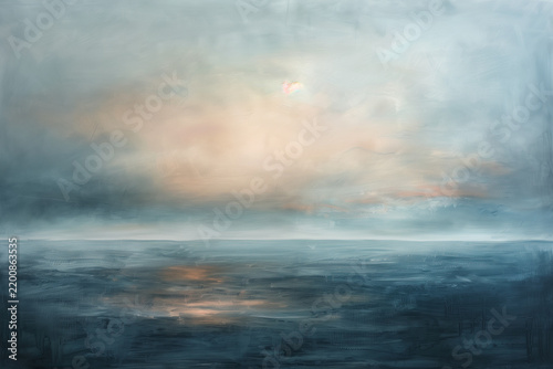 Tranquil ocean meet softly lit sky filled with wispy clouds, evoking sense of peace and vastness. 