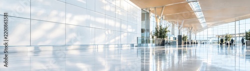 Modern airport terminal interior view with sleek white walls and reflective flooring in a bright spacious architecture setting