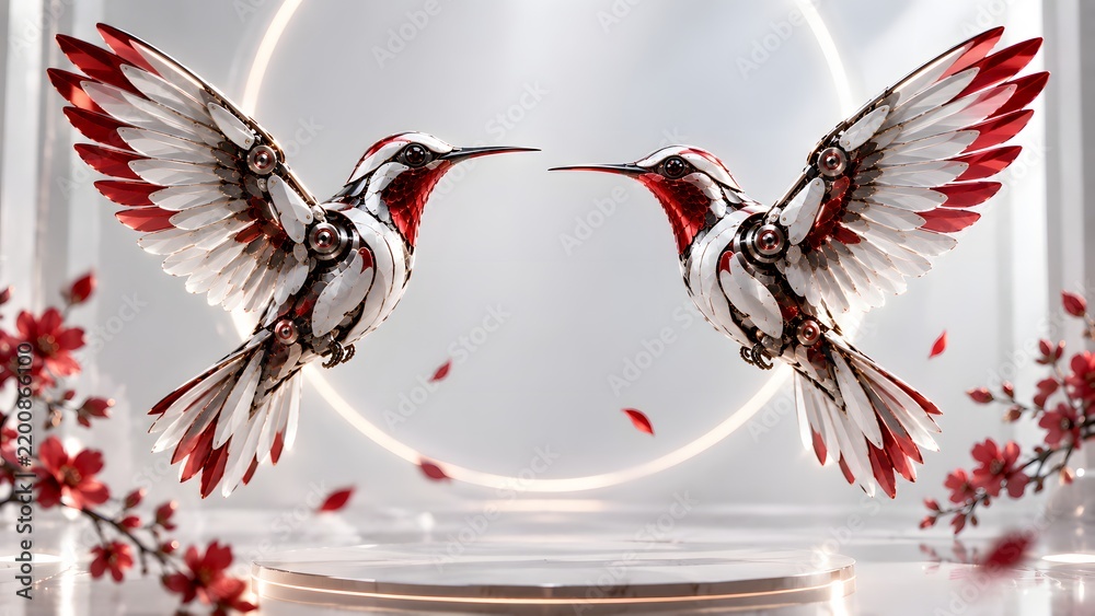 Fototapeta premium Pair of Robotic Hummingbirds in Elegant Display.