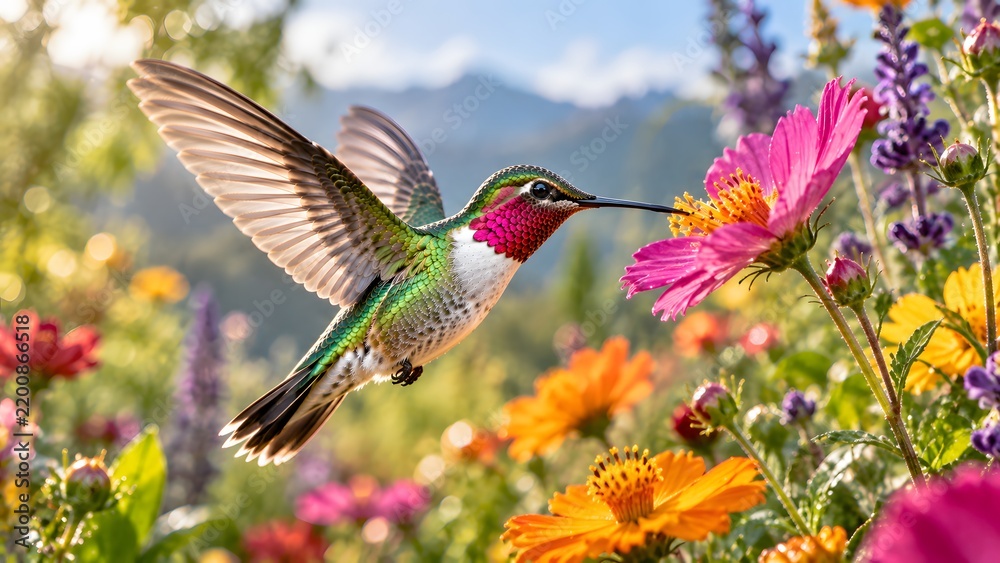 Fototapeta premium Vibrant Hummingbird Hovering Over Colorful Garden Flowers.
