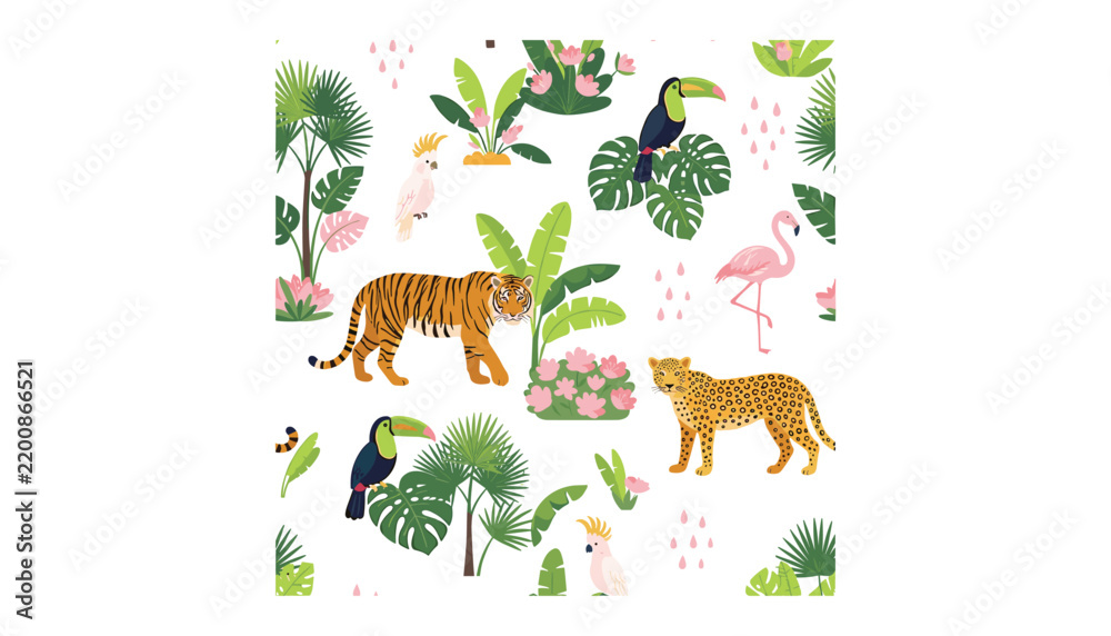 Obraz premium Jungle animals seamless pattern vector illustration background with exotic tiger leopard flamingo toucan cockatoo and tropical palm leaves