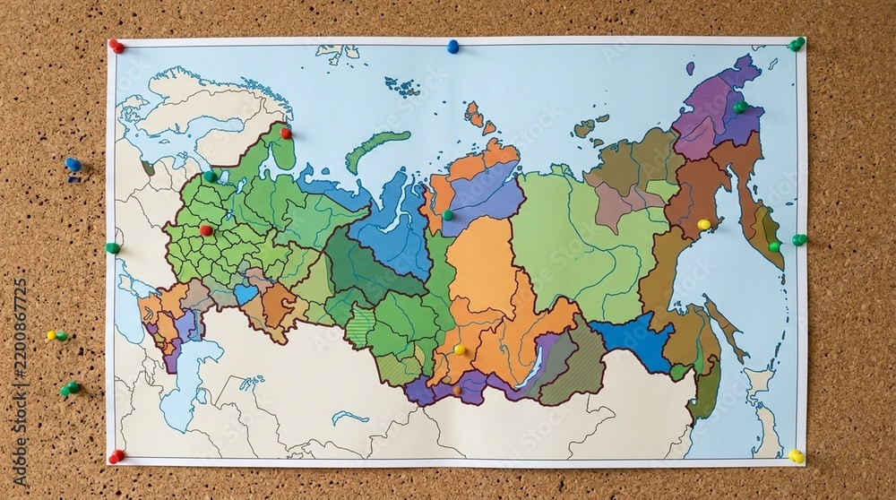 Fototapeta premium Zone Map of Forecast Territories Pinned to a Corkboard, Financial Forecasting and Business Planning Concept