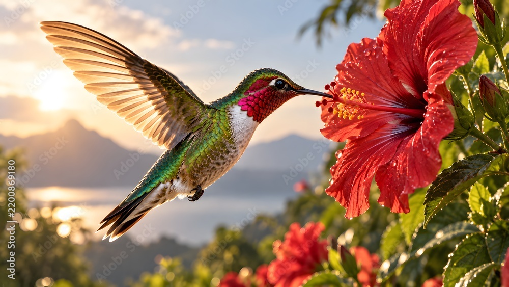 Fototapeta premium Hummingbird Feeding on a Red Hibiscus Flower at Sunset.