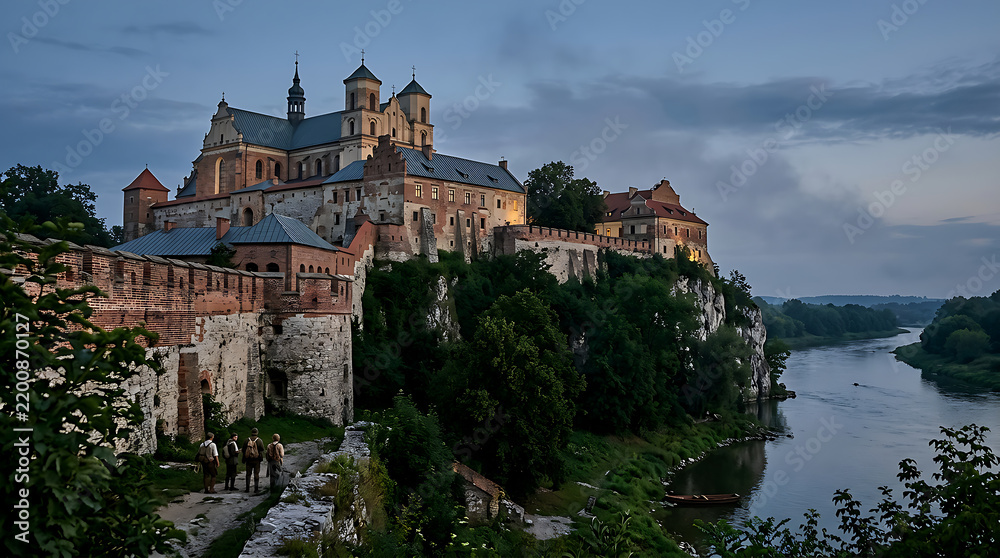 Fototapeta premium Historic Castle by River at Dusk.
