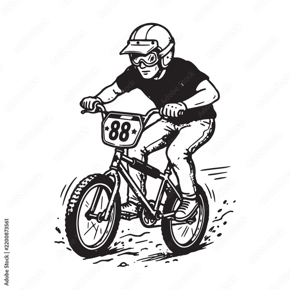 Obraz premium Vintage BMX Bicycle Rider Wearing Helmet Illustration.