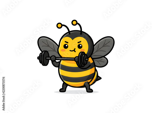 Cartoon bee lifting weights with determined look