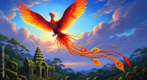 Fiery bird rises above ancient temple. Vibrant, stylized digital painting with dramatic sky