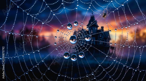 Dewy spider web overlooking a spooky haunted house silhouette.